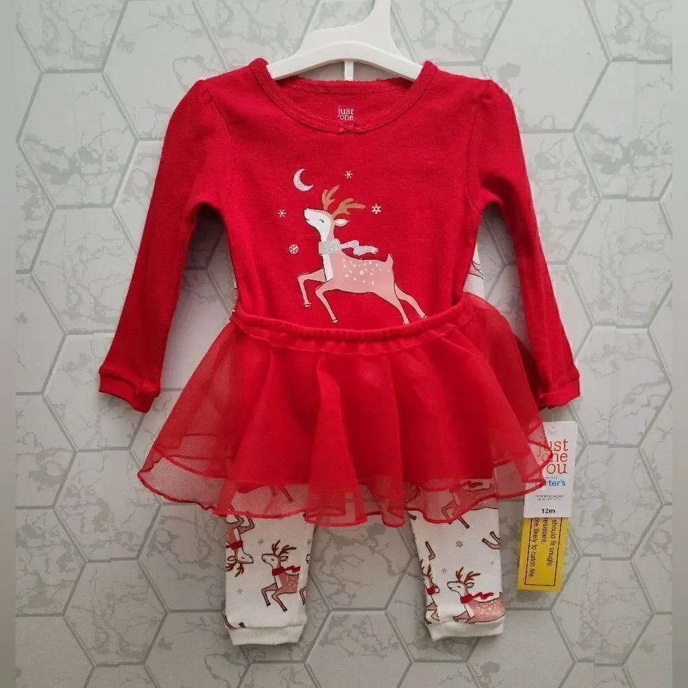 Nwt Girls' Reindeer Tutu Pajama Set - White/Red